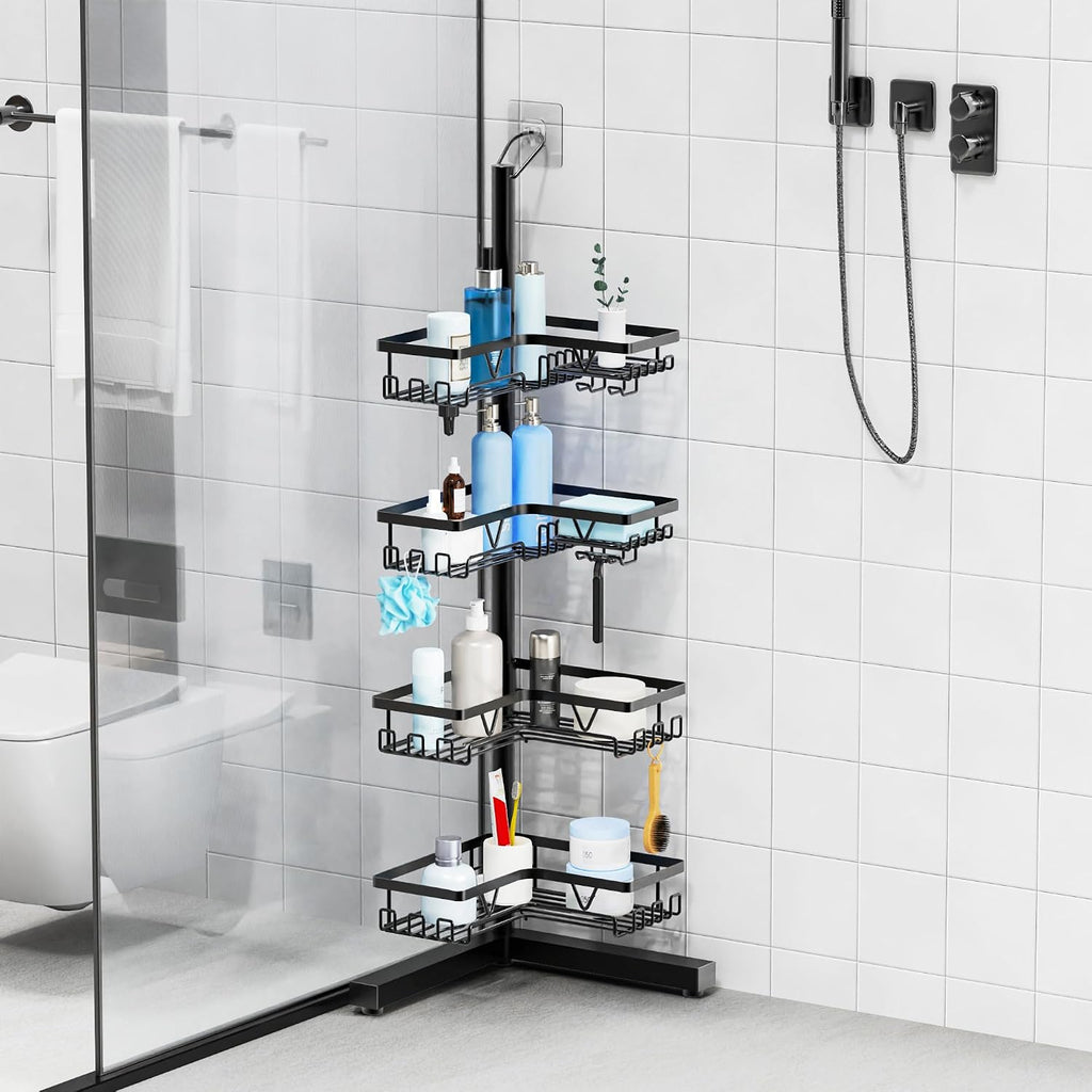 Floor Shower Caddy Standing, 4-Tier Corner Organizer with Hooks | Free-Standing Bathroom Storage with Soap Holder, Space-Saving Design for Shampoo and Toiletries, Easy Access Organization