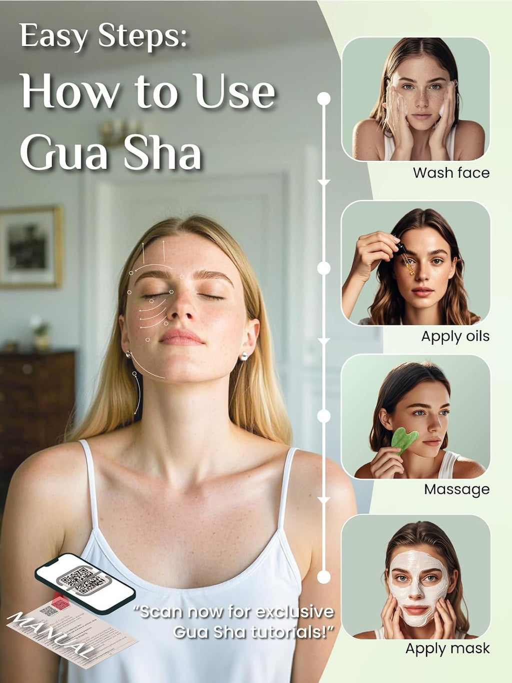 Gua Sha Facial Tools, Jade Guasha Tool for Face - Lime Green | Face Massage Tool for Jawline Sculpting, Puffiness Reducing, Gua Sha Double Chin Reducer, Skin Care Gift with Silicone Case