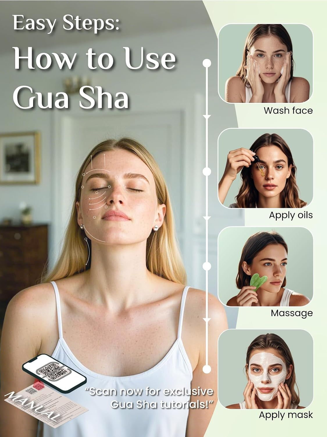 Gua Sha Facial Tools, Jade Guasha Tool for Face - Lime Green | Face Massage Tool for Jawline Sculpting, Puffiness Reducing, Gua Sha Double Chin Reducer, Skin Care Gift with Silicone Case