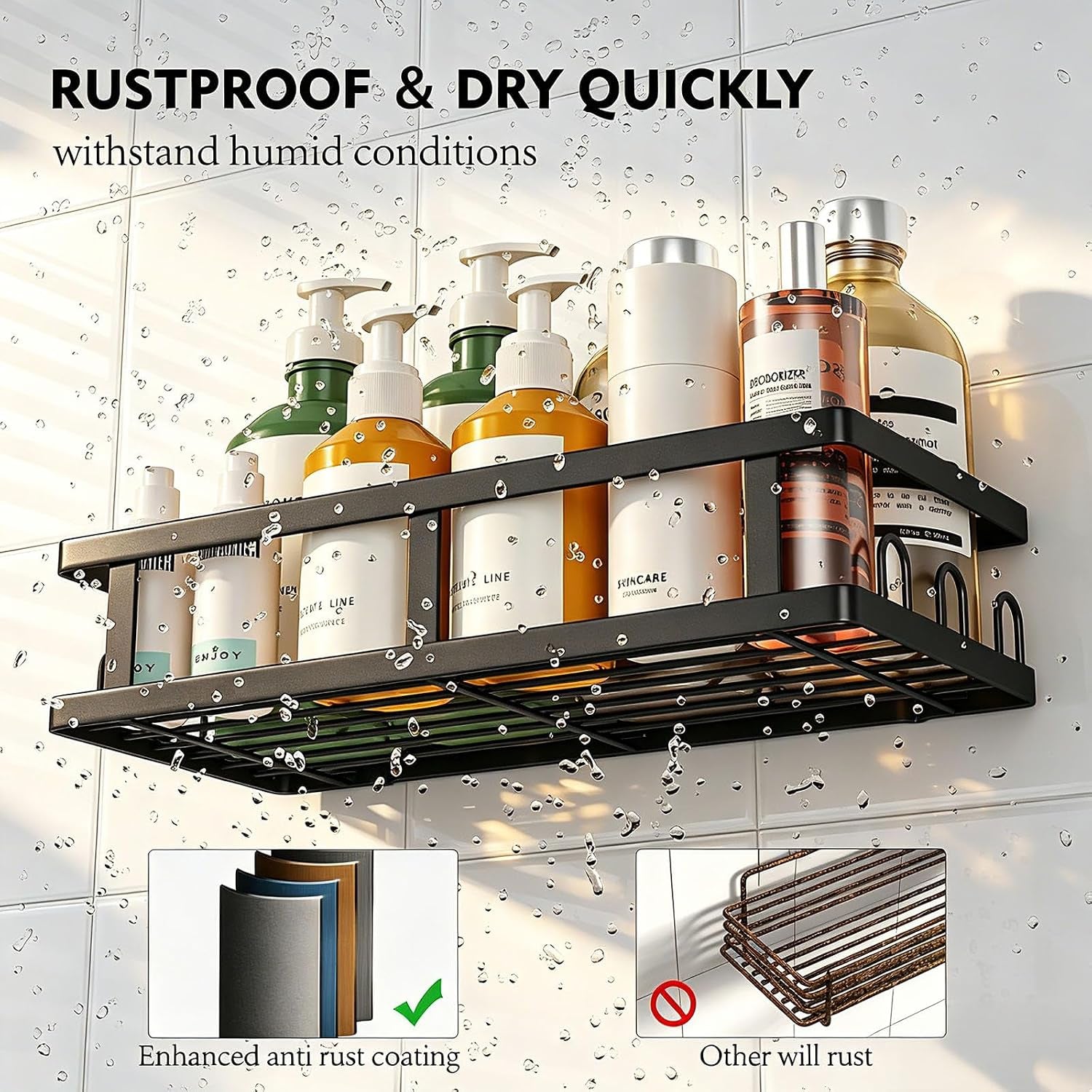 Black Shower Caddy 6 Pack, No Drill Rustproof Adhesive Shelves | Black Finish, 6-Piece Set, No Drilling, Rust Resistant, Large Capacity, 6 Adhesives, 24 Built-In Side Hooks