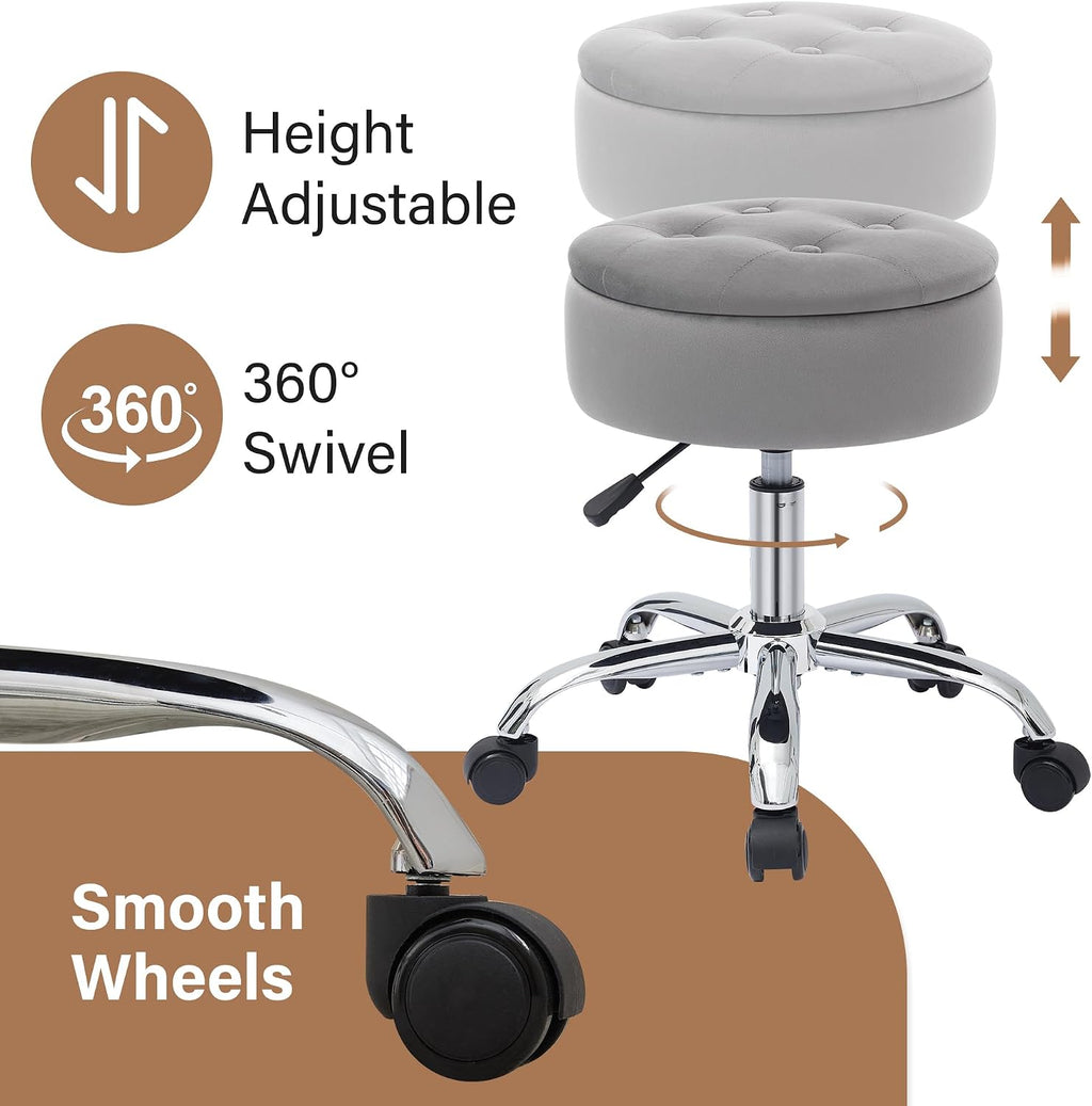 Vanity Chair with Wheels Adjustable Vanity Stool with Storage Swivel Vanity Stool for Vanity Rolling Makeup Chair Grey