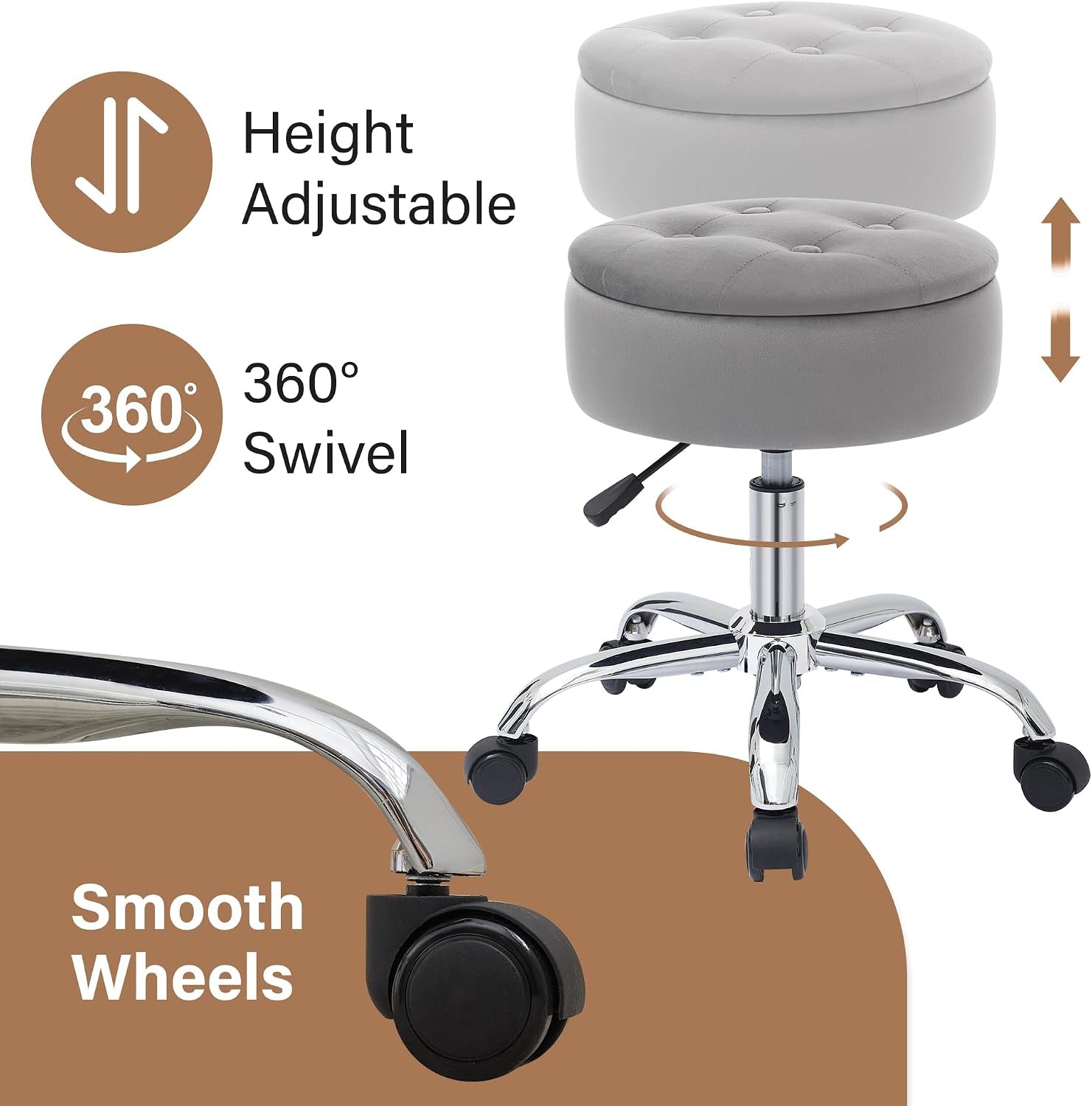 Vanity Chair with Wheels Adjustable Vanity Stool with Storage Swivel Vanity Stool for Vanity Rolling Makeup Chair Grey