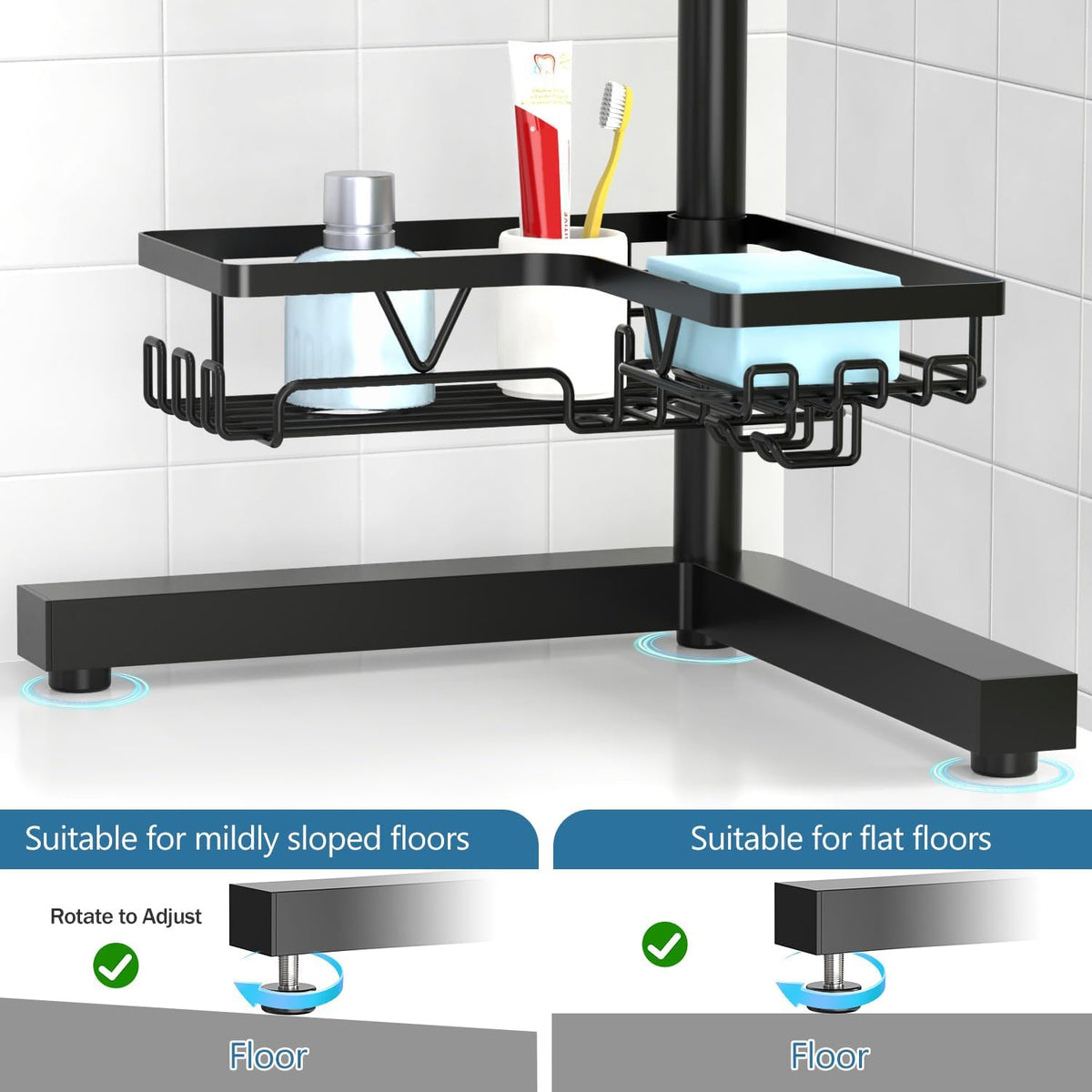 Floor Shower Caddy Standing, 4-Tier Corner Organizer with Hooks | Free-Standing Bathroom Storage with Soap Holder, Space-Saving Design for Shampoo and Toiletries, Easy Access Organization