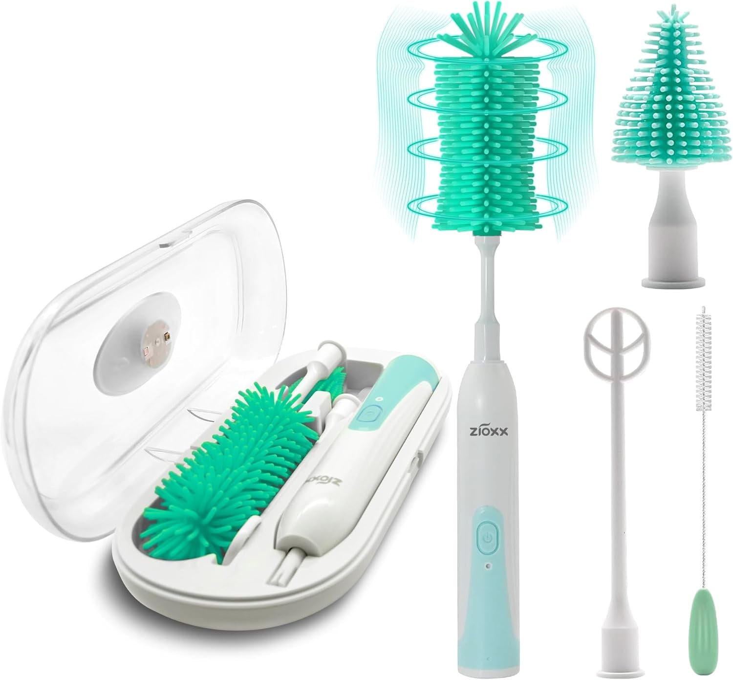 Electric Bottle Brush Cleaner New Upgrade, Portable Electric Baby Bottle Brush Cleaner for Travel, Travel Bottle Cleaner Kit with Nipple & Straw Brush, Perfect Mom Essentials after Birth Gift, Green