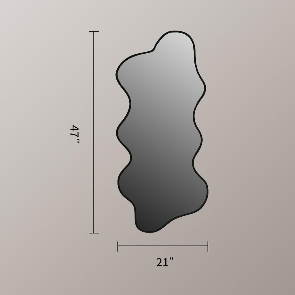 Irregular Wavy Wall Mirror Asymmetrical Shaped Aluminum Alloy Framed Big Unique Full Length Mirror for Living Room Bathroom Bedroom Entryway Fireplace (Black, 47"X21")