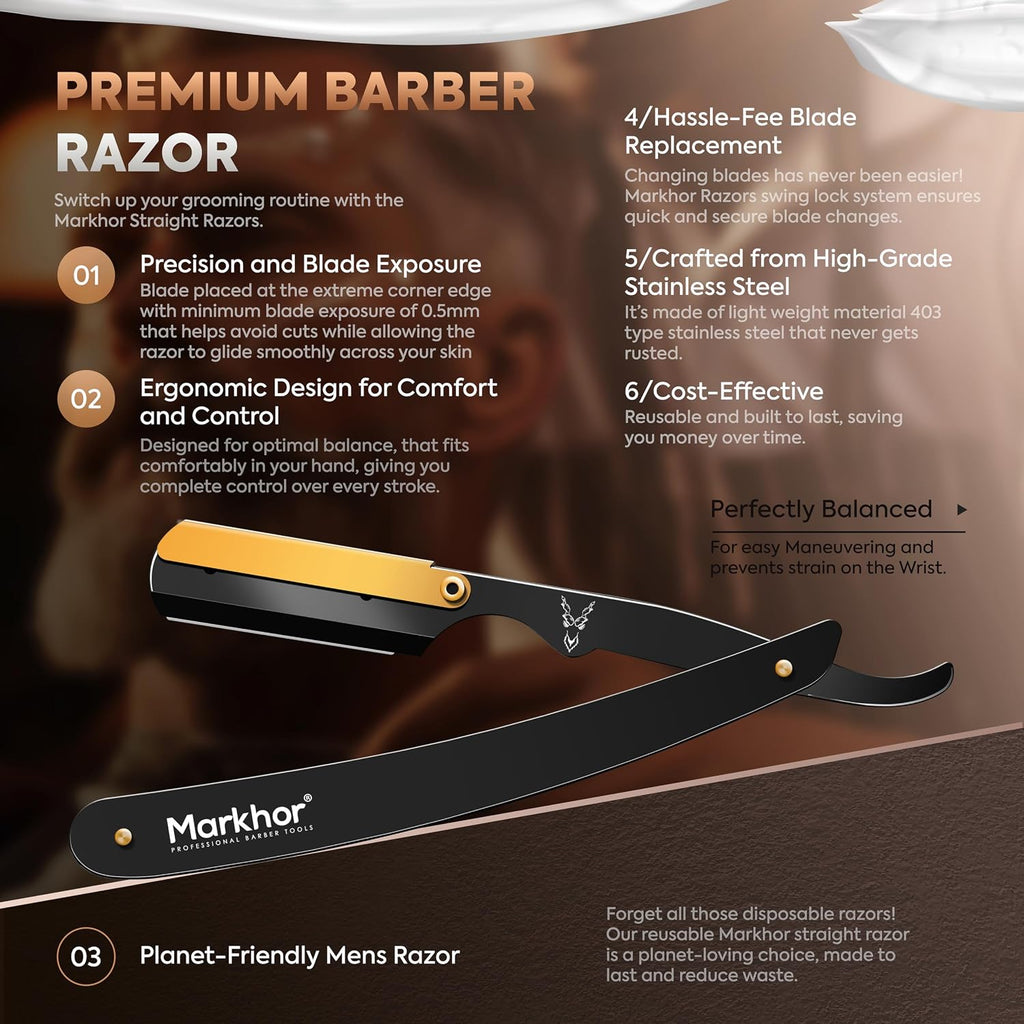® Straight Razors for Men with 100 Single Edge Razor Blades | Matte Black with 24K Gold Platted Barber Straight Razor | Straight Edge Razor | Barber Razor Blade | Navajas Para Barbero