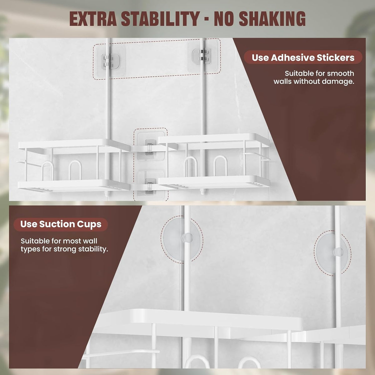 Adjustable Shower Caddy Hanging for Handheld Showerheads, White | Patented Shower Organizer, Rustproof, 40Lbs Capacity, Anti-Swing, Tool-Free, Suction Cups, 8 Hooks, Soap & Toothbrush Holder