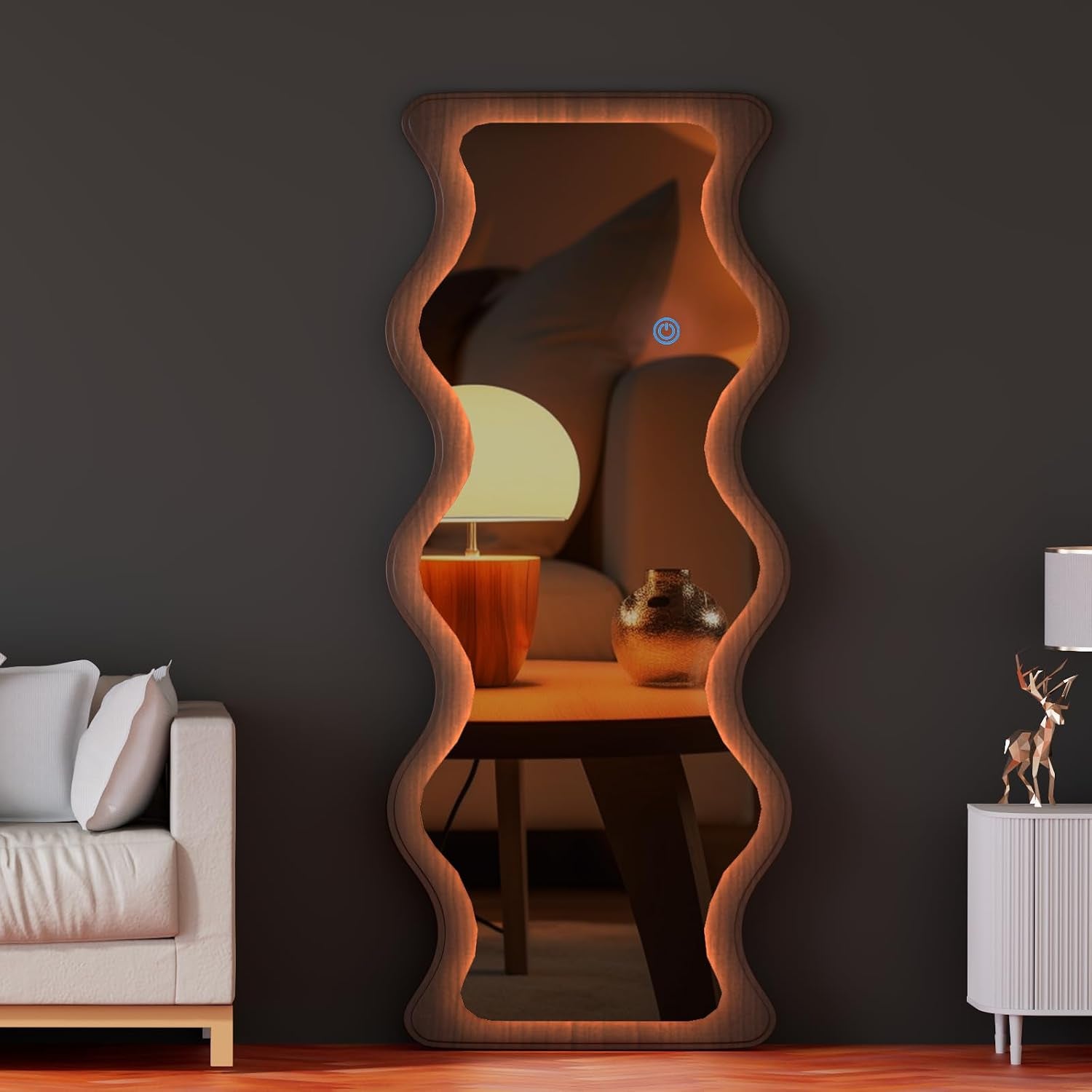 65"X 24" Irregular Wavy LED Full Length Mirror with Lights Wood Frame Full Body Mirror, Free Standing/Wall Mounted/Leaning for Dressing Bedroom Living Room Walnut Brown