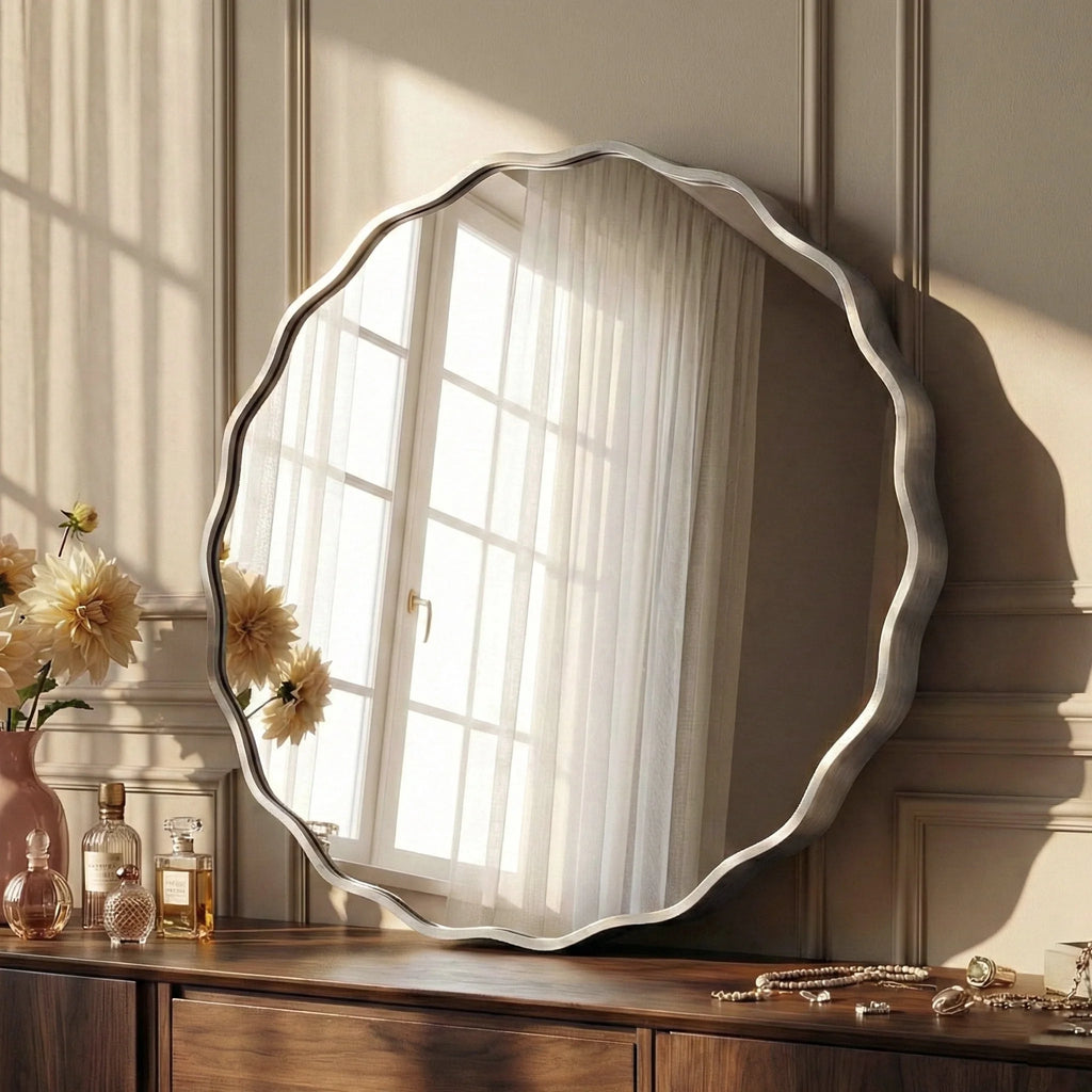 24" round Mirror, Silver Wall Mirror with Wavy Frame for Bathroom Vanity
