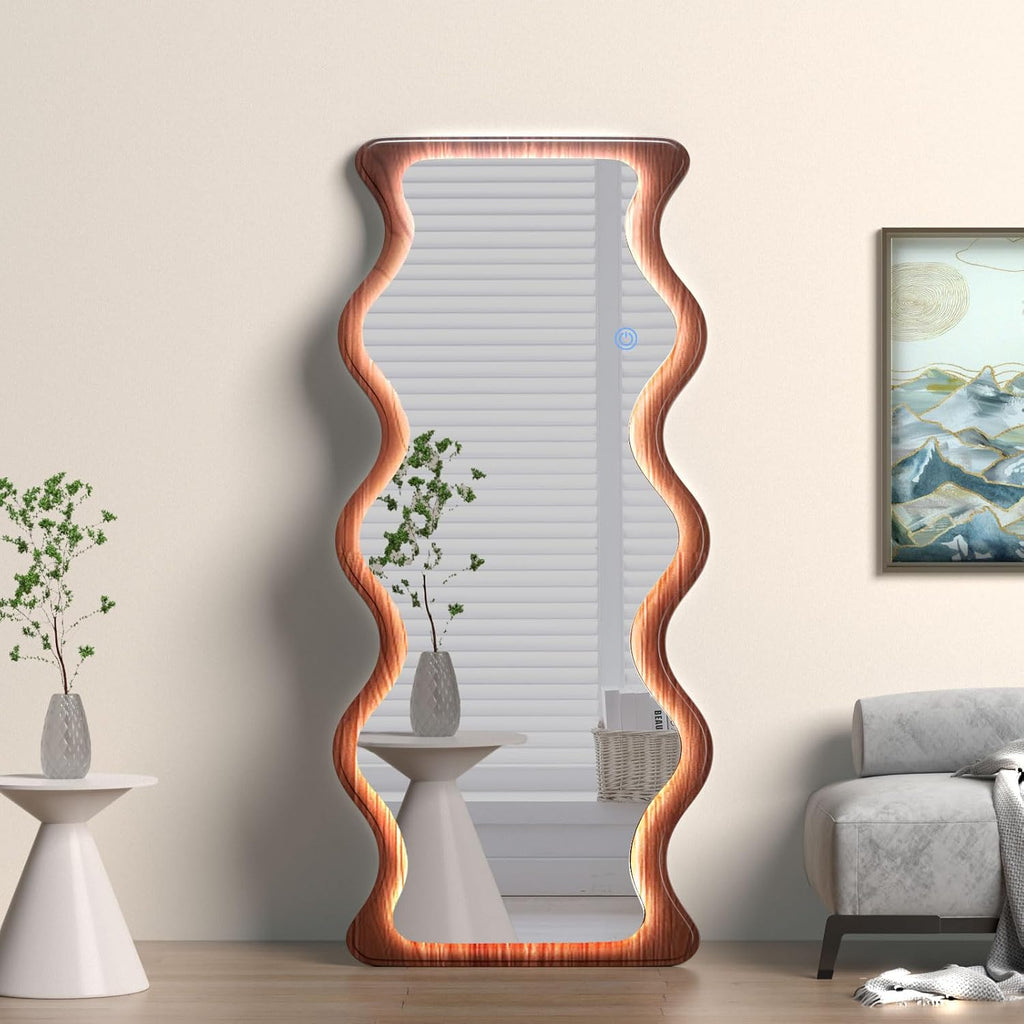 65"X 24" Irregular Wavy LED Full Length Mirror with Lights Wood Frame Full Body Mirror, Free Standing/Wall Mounted/Leaning for Dressing Bedroom Living Room Walnut Brown