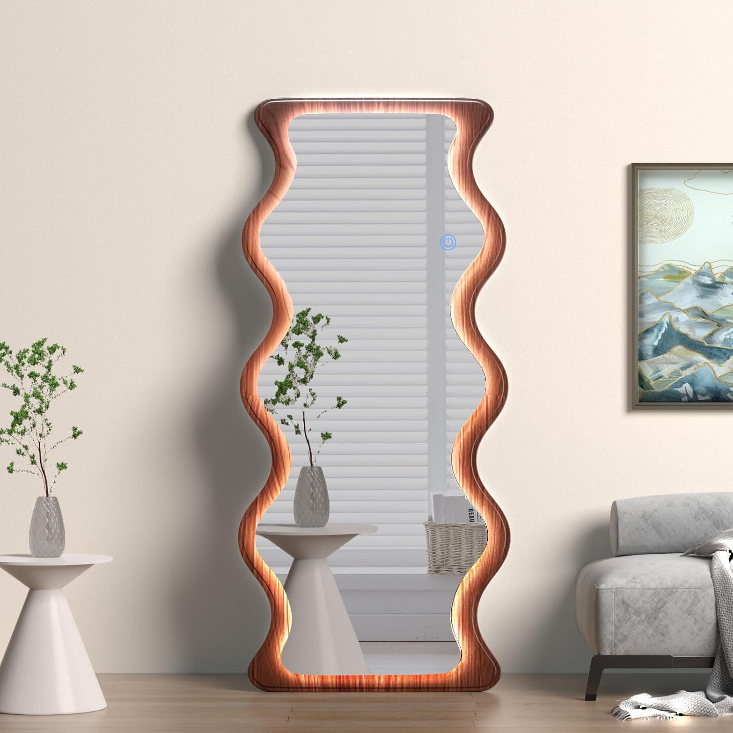 65"X 24" Irregular Wavy LED Full Length Mirror with Lights Wood Frame Full Body Mirror, Free Standing/Wall Mounted/Leaning for Dressing Bedroom Living Room Walnut Brown