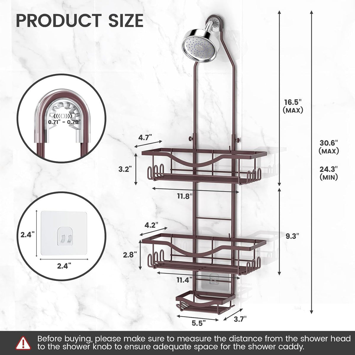 Adjustable Shower Caddy Hanging over Shower Head, Bronze | Rustproof Shower Organizer, Extra Long, No Drilling, Anti-Slip, Fast Draining, Soap Holder, 12 Hooks, Bathroom Accessories