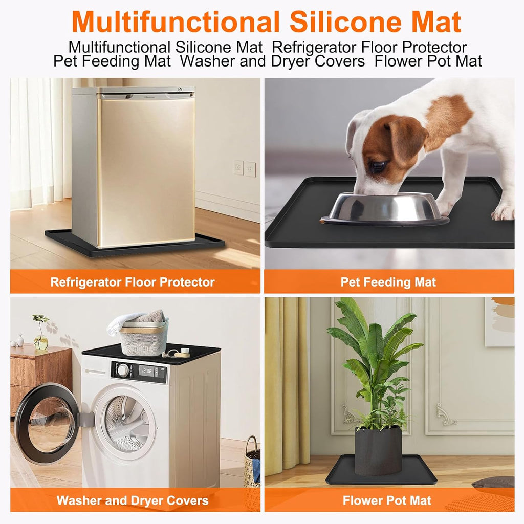 Mini Fridge Mat, 23.6X23.6X0.6 Inch Non-Slip Thick under Refrigerator Silicone Mat, Leak-Proof Washer Drip Tray for Carpet Floor Protection, Black