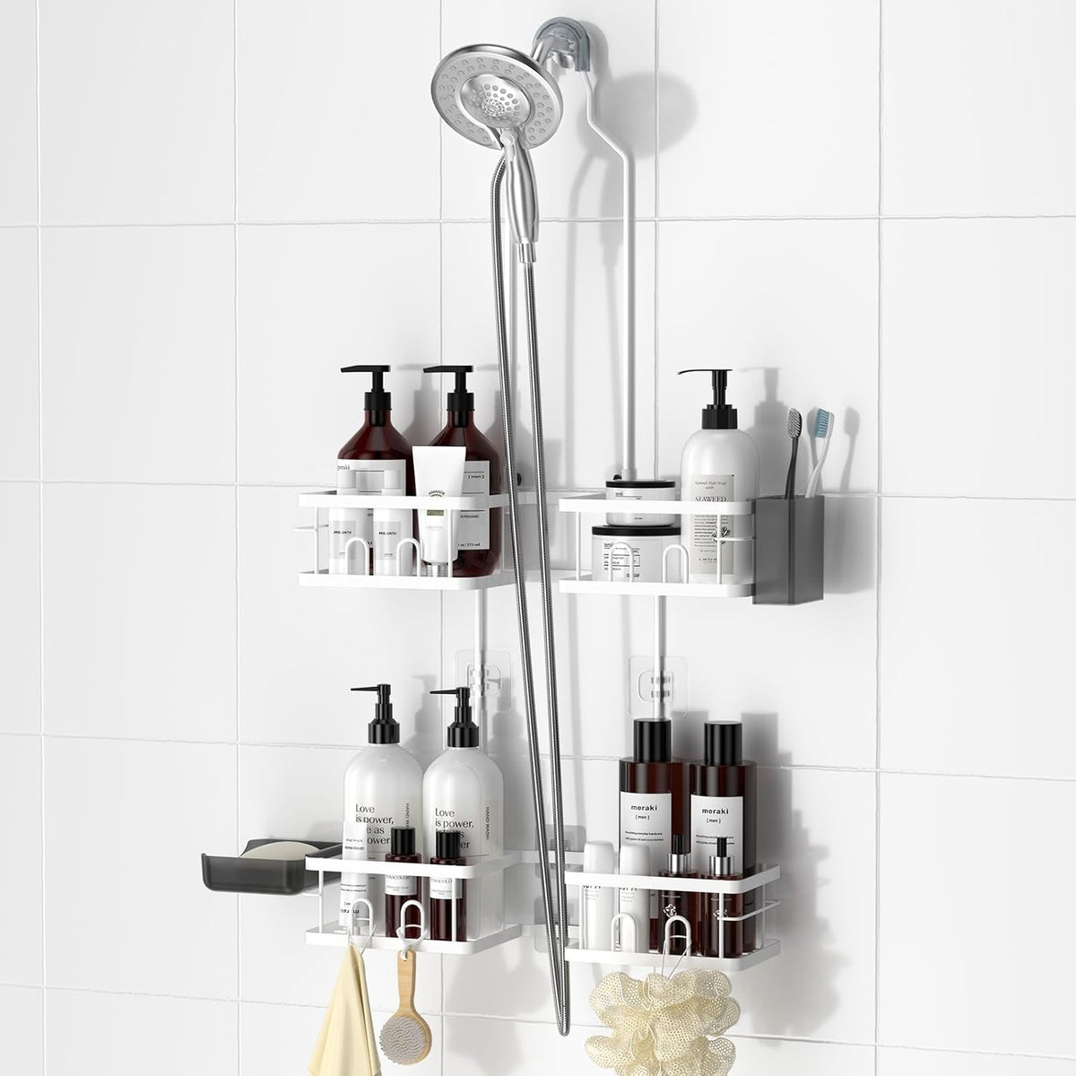 Adjustable Shower Caddy Hanging for Handheld Showerheads, White | Patented Shower Organizer, Rustproof, 40Lbs Capacity, Anti-Swing, Tool-Free, Suction Cups, 8 Hooks, Soap & Toothbrush Holder
