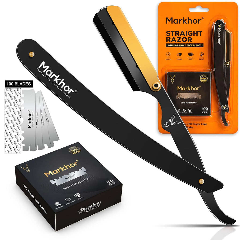 ® Straight Razors for Men with 100 Single Edge Razor Blades | Matte Black with 24K Gold Platted Barber Straight Razor | Straight Edge Razor | Barber Razor Blade | Navajas Para Barbero