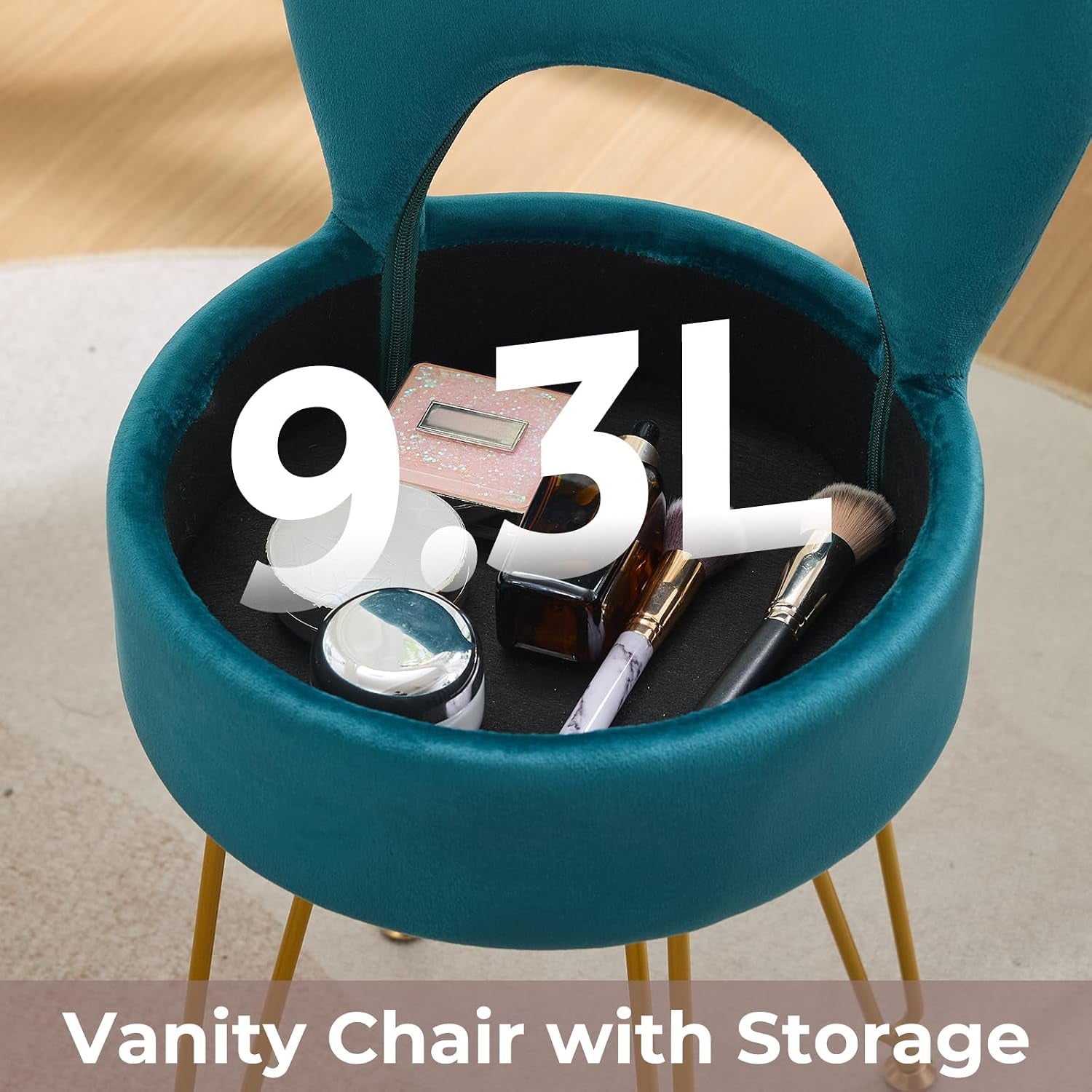 Velvet Teal Small Vanity Chair & Stool - 13" Dx13 W Folding Back Storage Ottoman, Anti-Slip Golden V-Leg for Bedroom Makeup Room