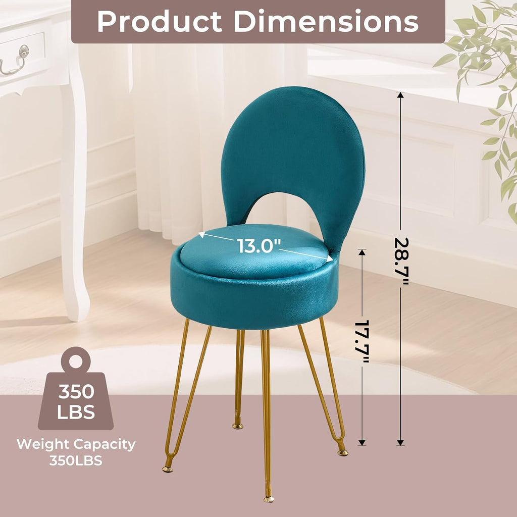 Velvet Teal Small Vanity Chair & Stool - 13" Dx13 W Folding Back Storage Ottoman, Anti-Slip Golden V-Leg for Bedroom Makeup Room