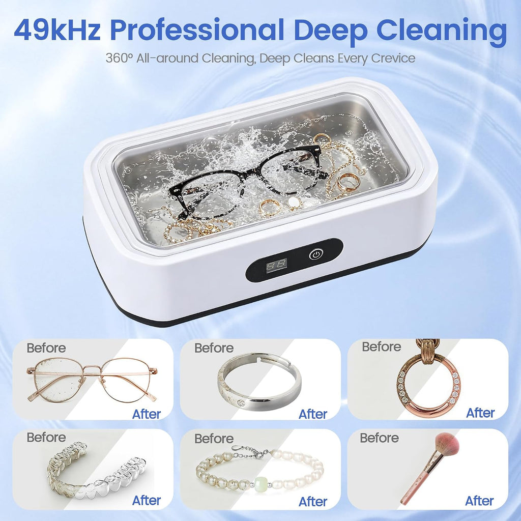 Ultrasonic Jewelry Cleaner, 49 Khz Sonic Jewelry Cleaner Machine | for Jewelry, Glasses, Rings, Dentures, Retainer, Coin, Earring with 5 Timers, 304 Stainless Steel, 22 Oz Dental Cleaning Pod