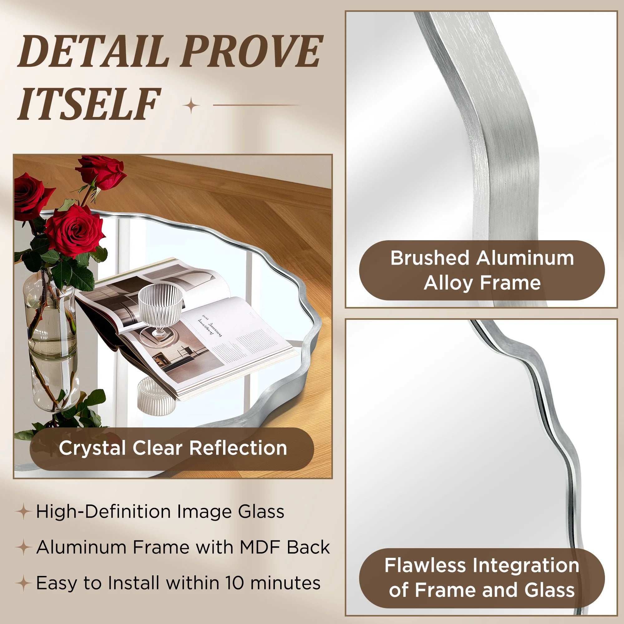 24" round Mirror, Silver Wall Mirror with Wavy Frame for Bathroom Vanity