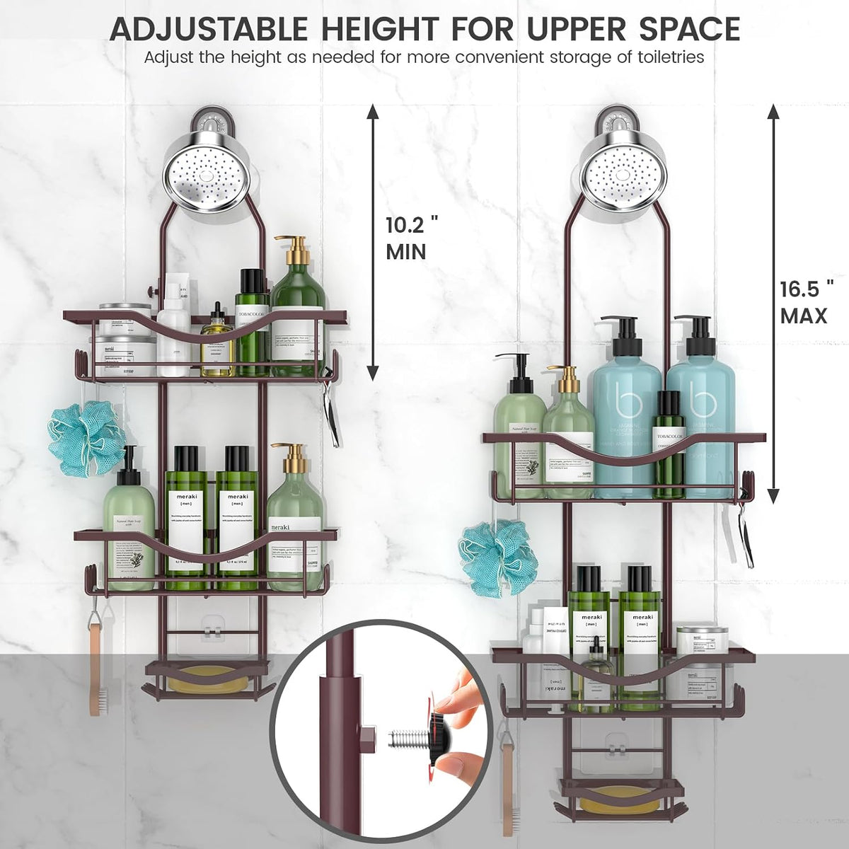 Adjustable Shower Caddy Hanging over Shower Head, Bronze | Rustproof Shower Organizer, Extra Long, No Drilling, Anti-Slip, Fast Draining, Soap Holder, 12 Hooks, Bathroom Accessories