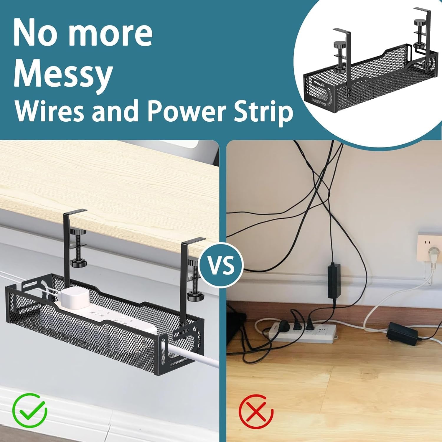 Under Desk Cable Management Tray, No Drill Mesh Desk Cable Tray, Wire Management Tray Cable Management Rack, Cord Organizer and Cable Management Box (Black)