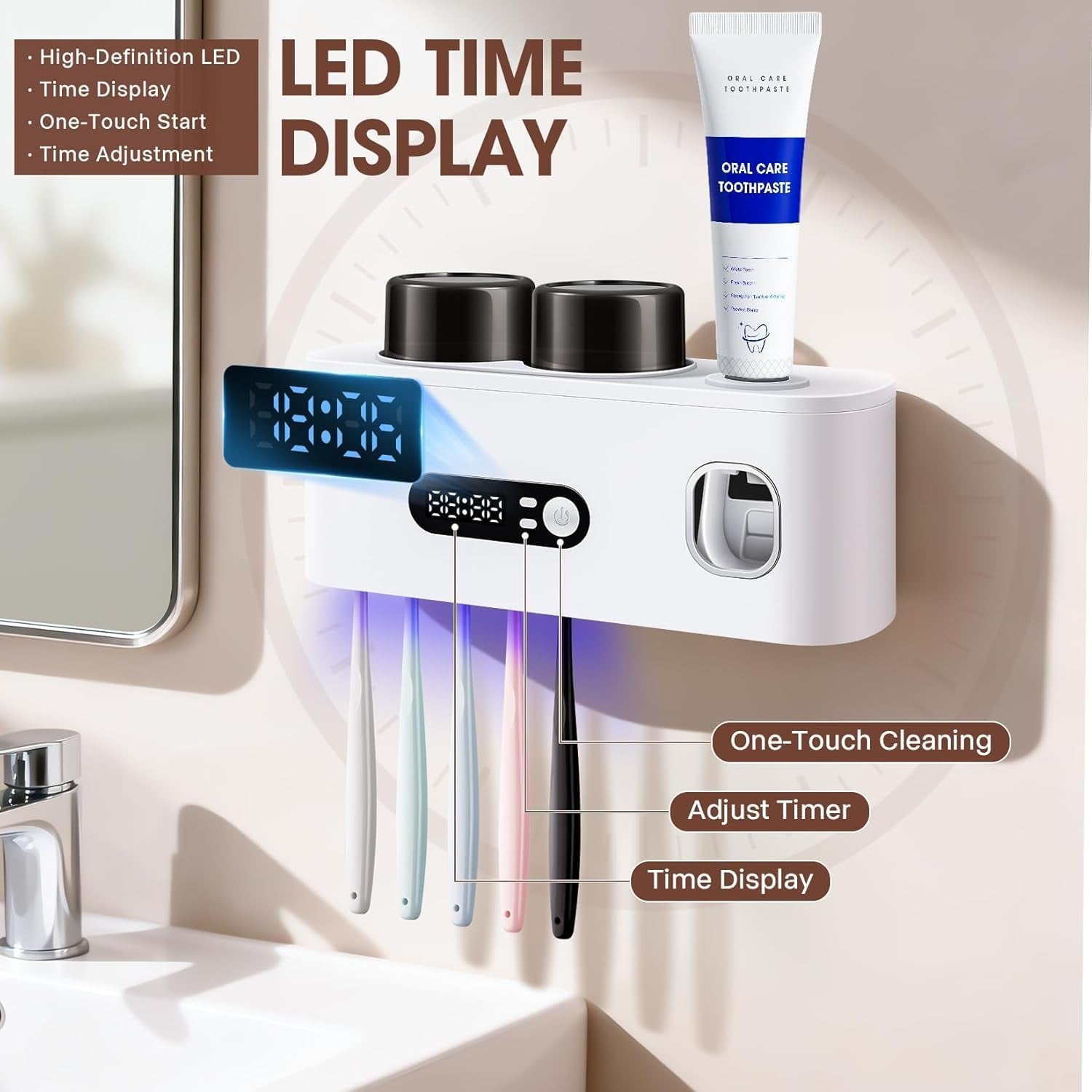 Toothbrush Holder with UV Sanitizer and Toothpaste Dispenser, Timer Display with Wall Mounted Smart Toothbrush Organizer for Bathroom, with 2 Cups and Automatic Sterilization Function, White