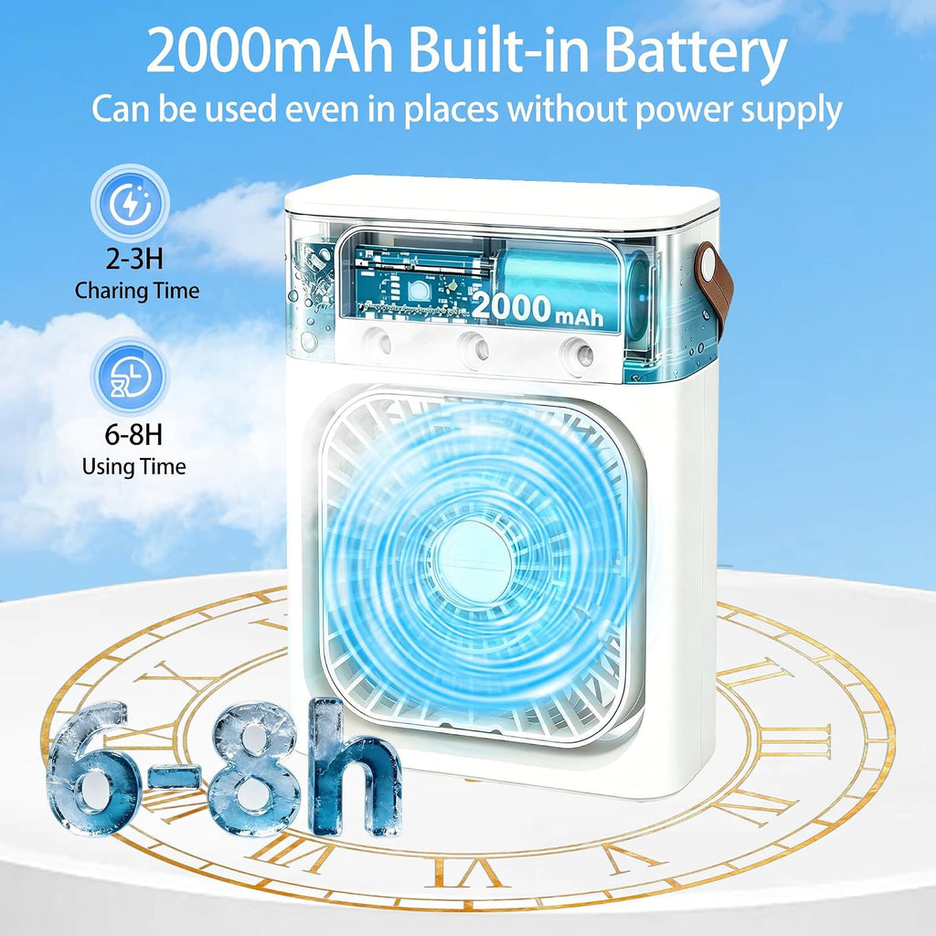 Portable Air Conditioners, 2000Mah Rechargeable Mini Air Cooler Fans, 500ML Personal Portable AC Unit with 3 Speed, 2 Spray, 7 Color, 3 Timer, Small Desktop Cooling Fan for Bedroom Office (White)