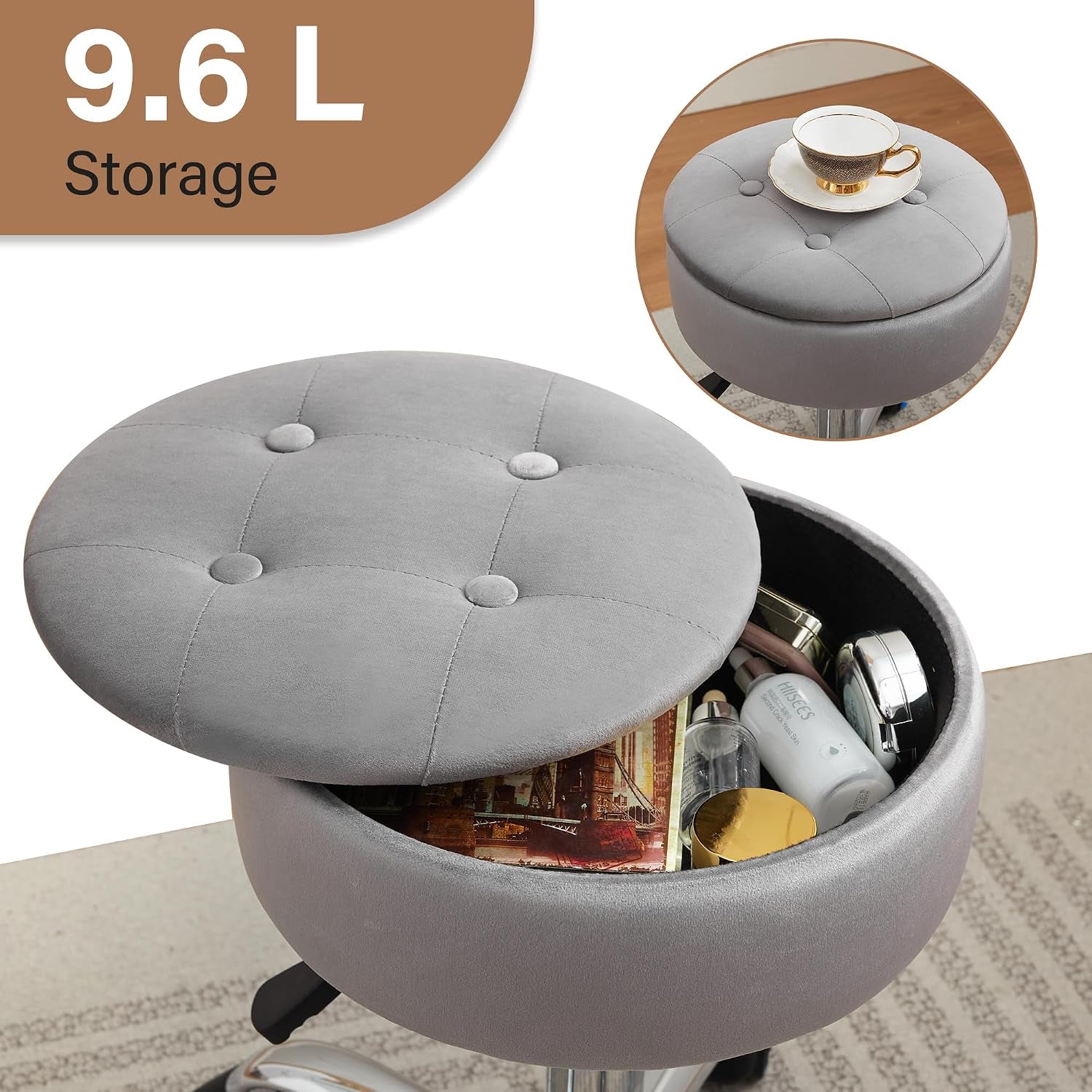 Vanity Chair with Wheels Adjustable Vanity Stool with Storage Swivel Vanity Stool for Vanity Rolling Makeup Chair Grey