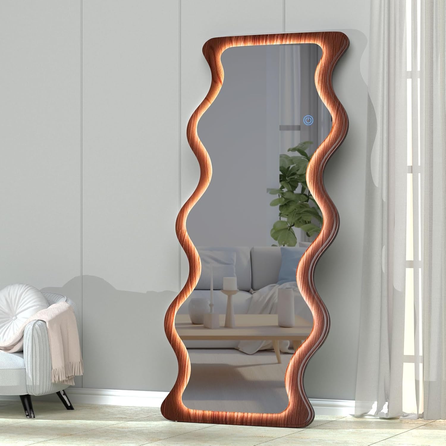 65"X 24" Irregular Wavy LED Full Length Mirror with Lights Wood Frame Full Body Mirror, Free Standing/Wall Mounted/Leaning for Dressing Bedroom Living Room Walnut Brown