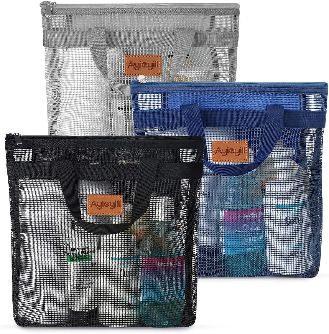 3 Pcs Portable Mesh Shower Caddy Tote, Quick Dry Tote Bag Mesh Beach Bags for Women, Hanging Toiletry and Bath Organizer for Travel Swimming Sports Gym Camp Shopping College Dorms (Black Gray D Blue)