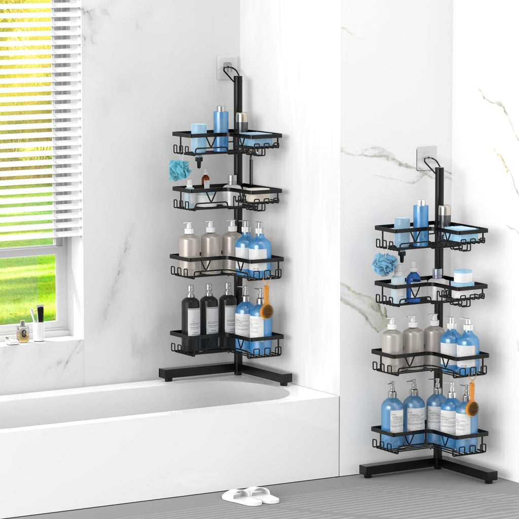 Floor Shower Caddy Standing, 4-Tier Corner Organizer with Hooks | Free-Standing Bathroom Storage with Soap Holder, Space-Saving Design for Shampoo and Toiletries, Easy Access Organization