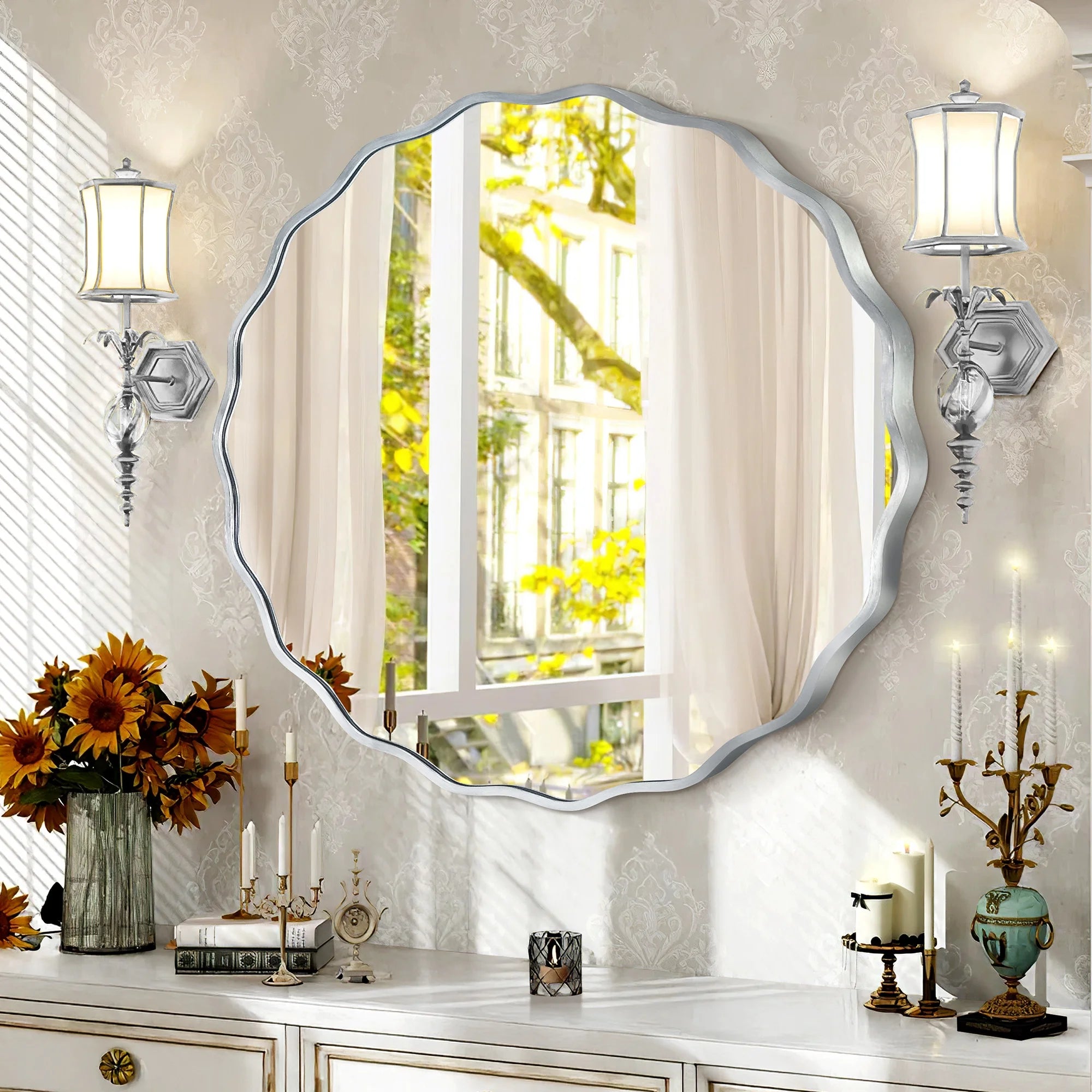 24" round Mirror, Silver Wall Mirror with Wavy Frame for Bathroom Vanity