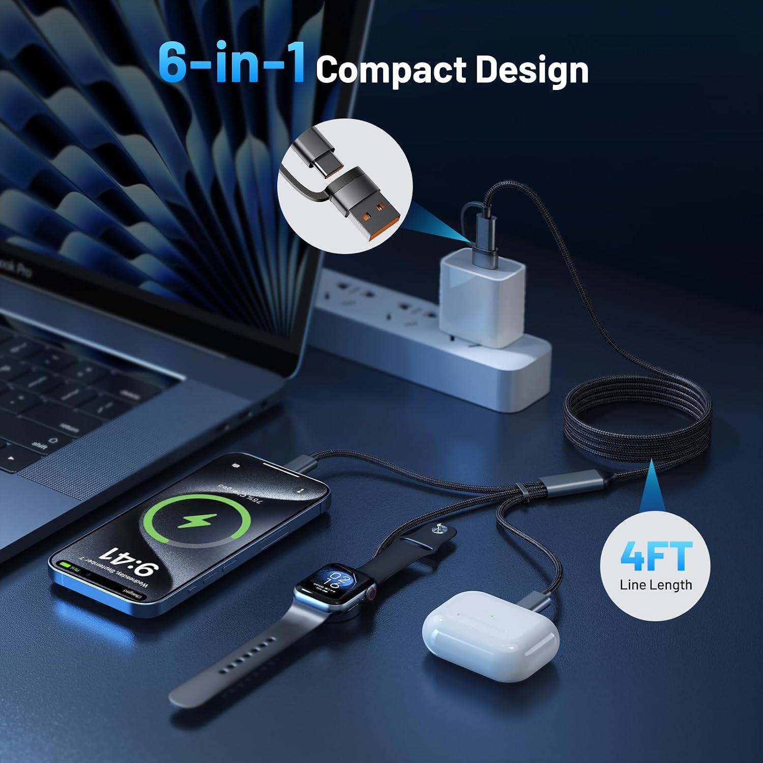 60W Fast Charging Cable for Apple Watch Charger, 6-In-1 Portable Multi Charging Cable for Apple Watch Series 1–11/Se/Ultra (Black, 120)