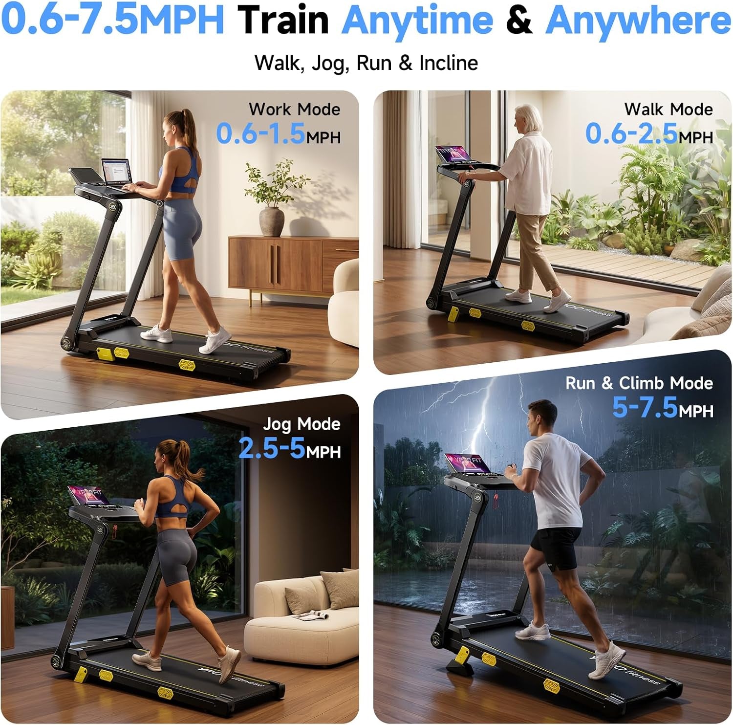 13% Incline Treadmill, Walking Pad Treadmill with Handle Bar, Portable Folding Walking Treadmills for Home with Desk & App