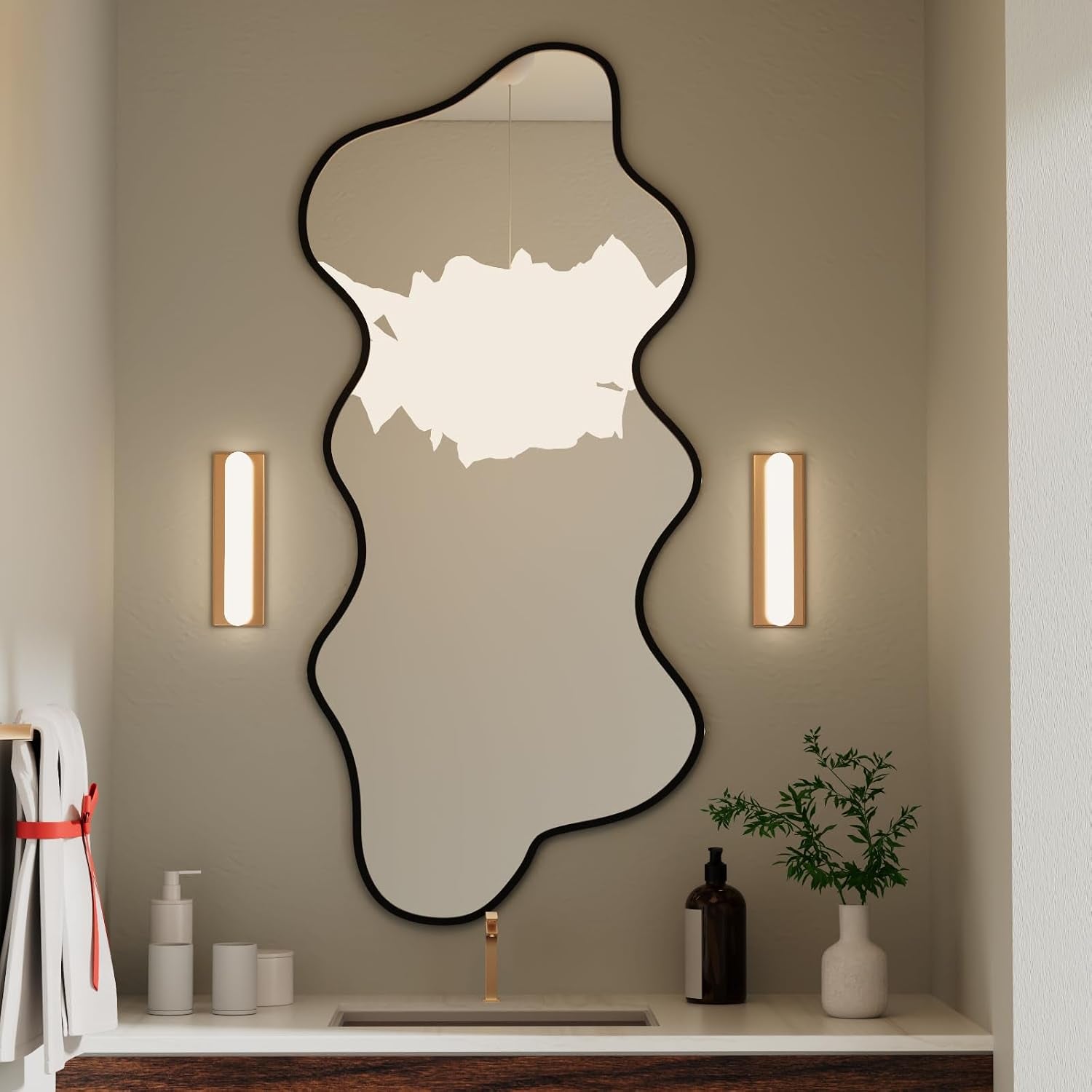 Irregular Wavy Wall Mirror Asymmetrical Shaped Aluminum Alloy Framed Big Unique Full Length Mirror for Living Room Bathroom Bedroom Entryway Fireplace (Black, 47"X21")