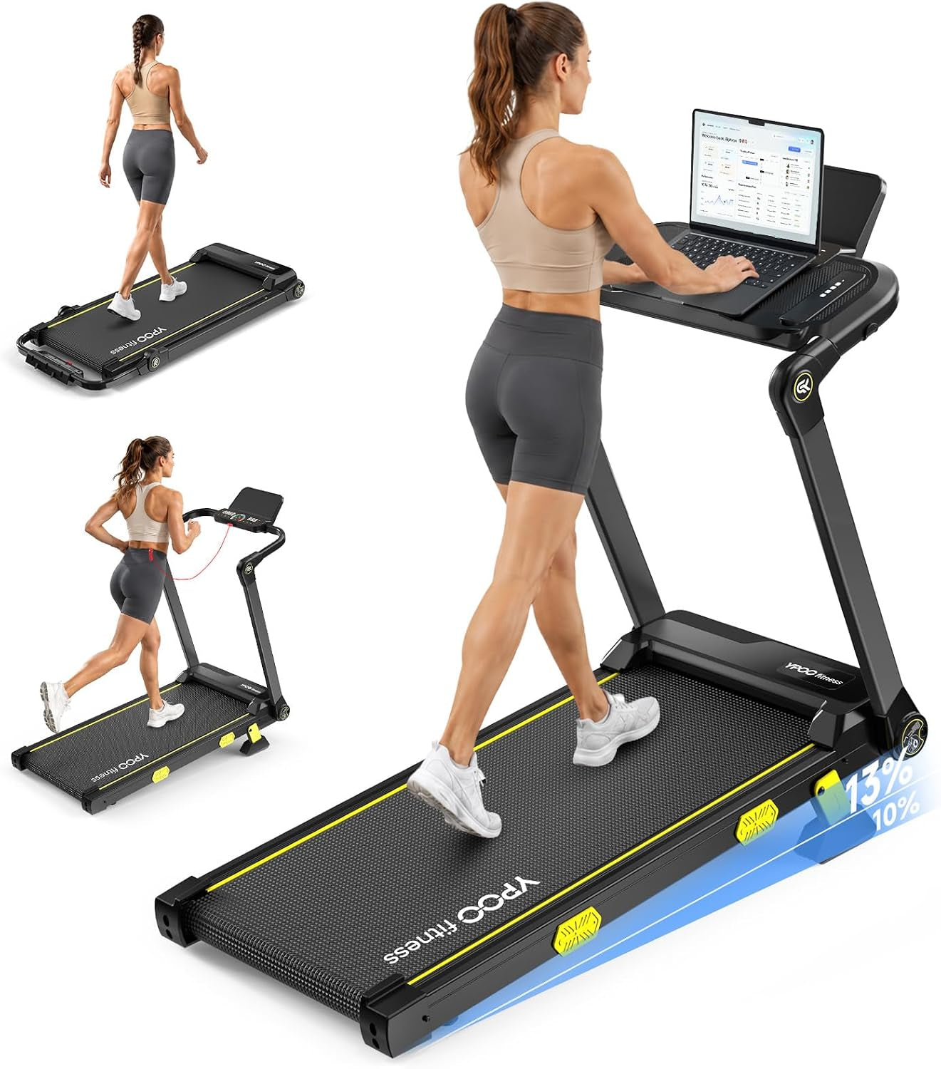 13% Incline Treadmill, Walking Pad Treadmill with Handle Bar, Portable Folding Walking Treadmills for Home with Desk & App