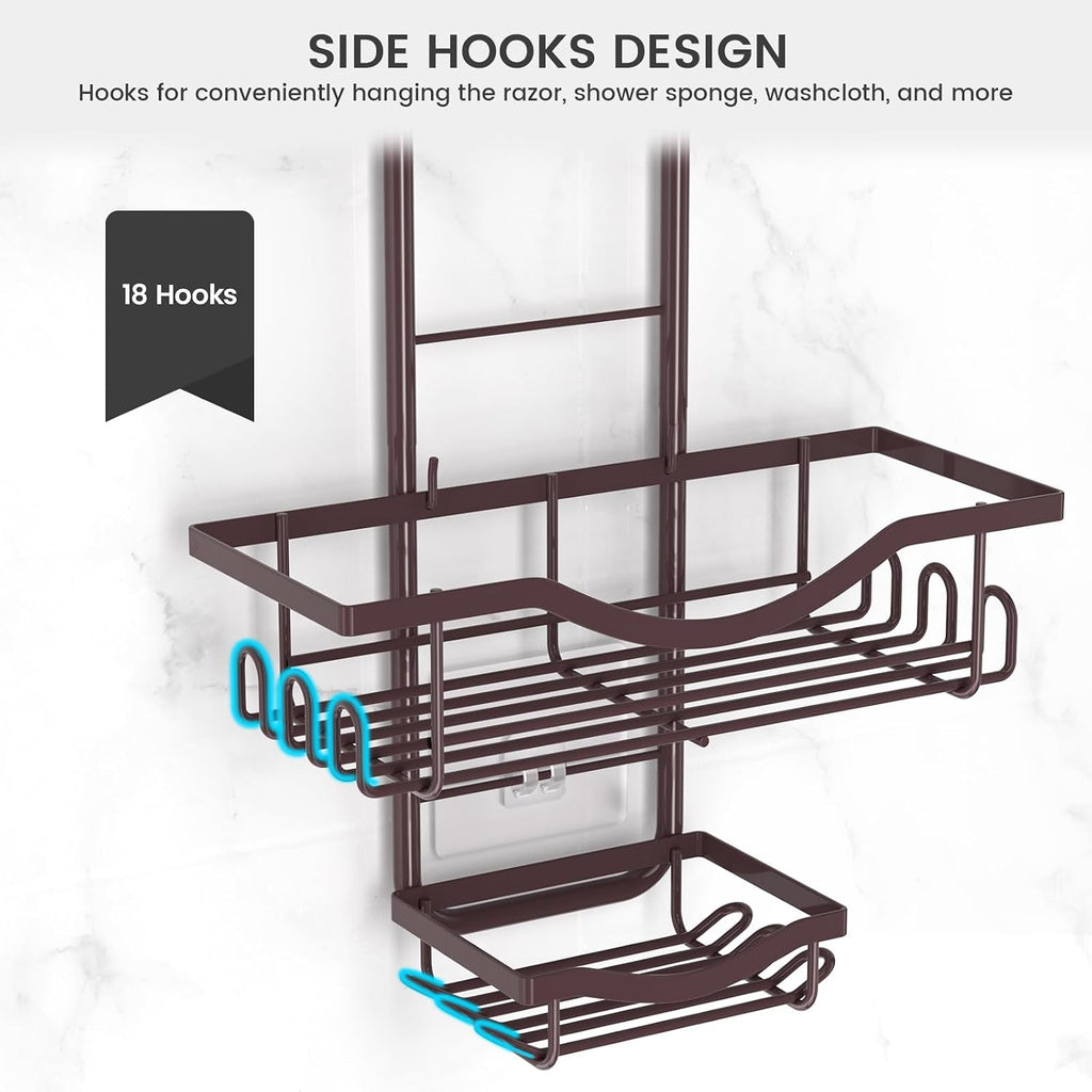 Adjustable Shower Caddy Hanging over Shower Head, Bronze | Rustproof Shower Organizer, Extra Long, No Drilling, Anti-Slip, Fast Draining, Soap Holder, 12 Hooks, Bathroom Accessories