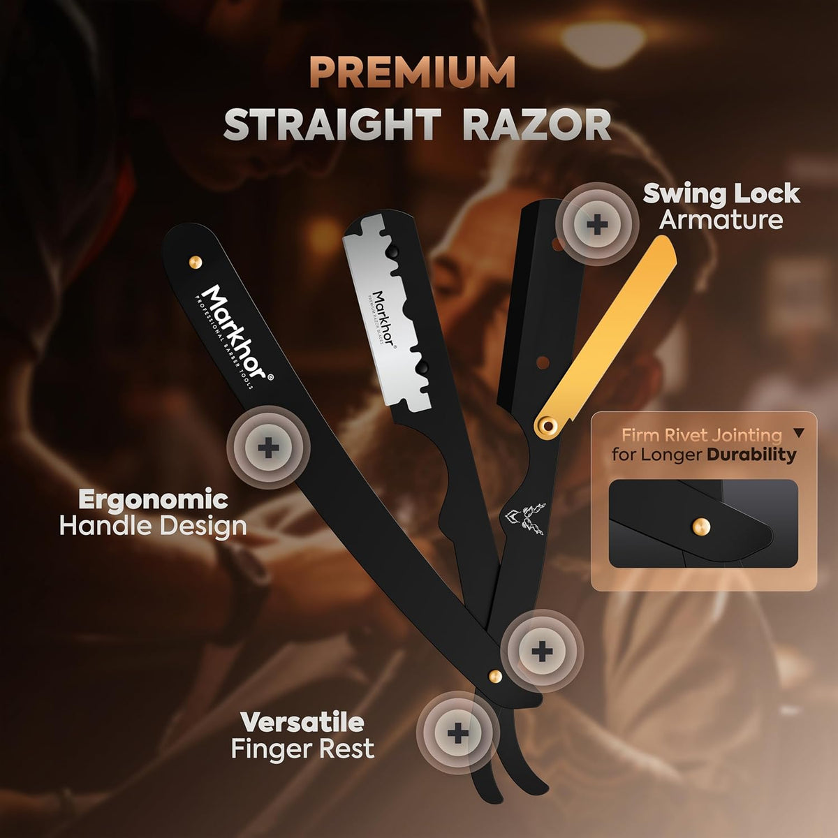 ® Straight Razors for Men with 100 Single Edge Razor Blades | Matte Black with 24K Gold Platted Barber Straight Razor | Straight Edge Razor | Barber Razor Blade | Navajas Para Barbero