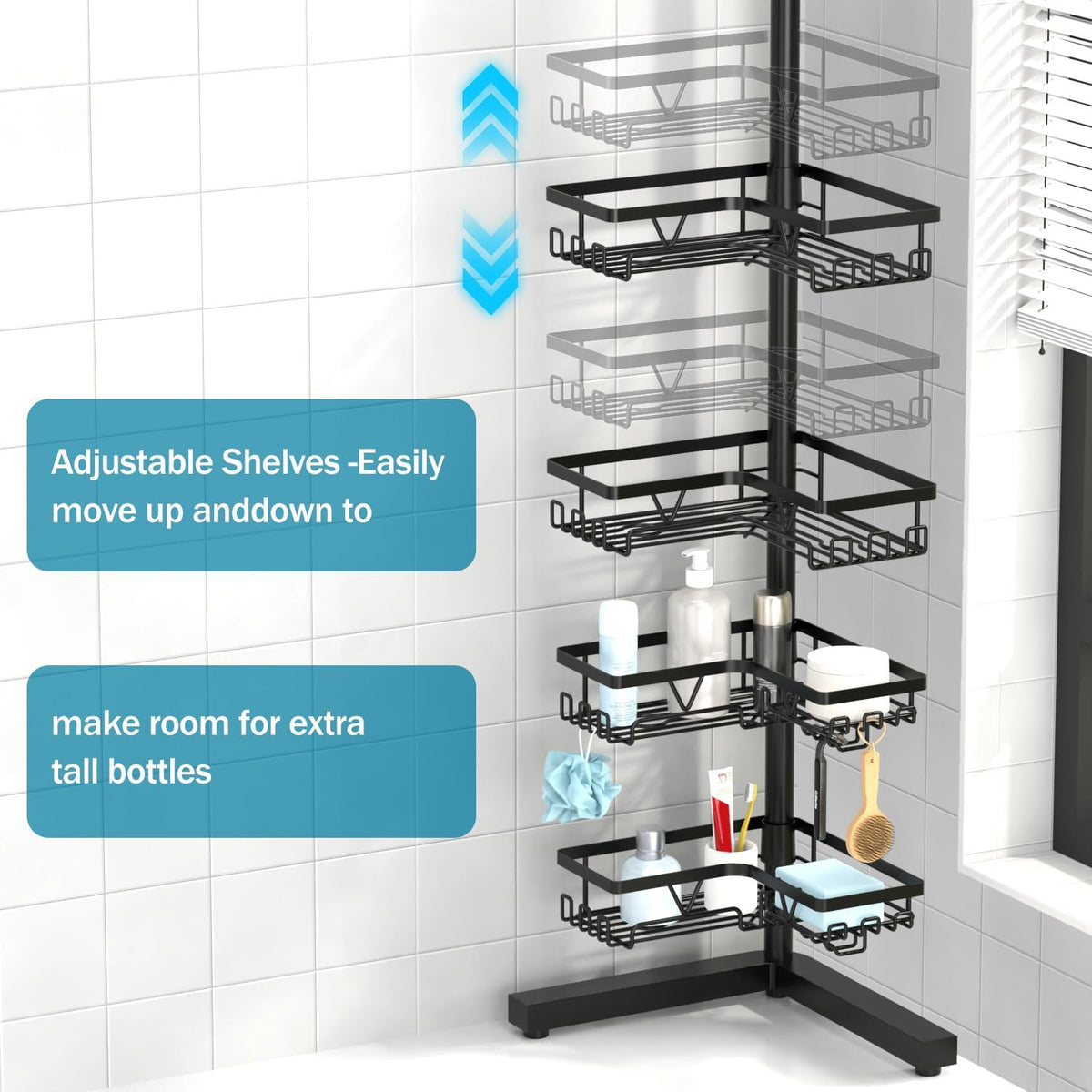Floor Shower Caddy Standing, 4-Tier Corner Organizer with Hooks | Free-Standing Bathroom Storage with Soap Holder, Space-Saving Design for Shampoo and Toiletries, Easy Access Organization