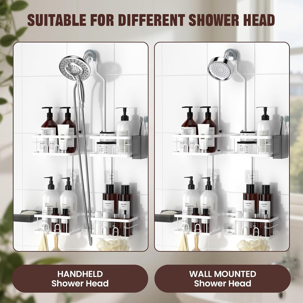 Adjustable Shower Caddy Hanging for Handheld Showerheads, White | Patented Shower Organizer, Rustproof, 40Lbs Capacity, Anti-Swing, Tool-Free, Suction Cups, 8 Hooks, Soap & Toothbrush Holder