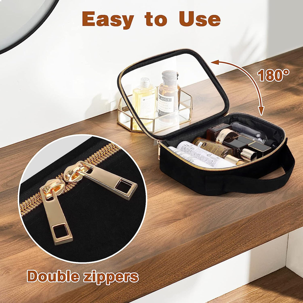 Clear Toiletry Bag, 3 Pack Clear Makeup Bags with Handles, PVC Cosmetic Bags for Women and Men, Large Opening Toiletry Bags, Black