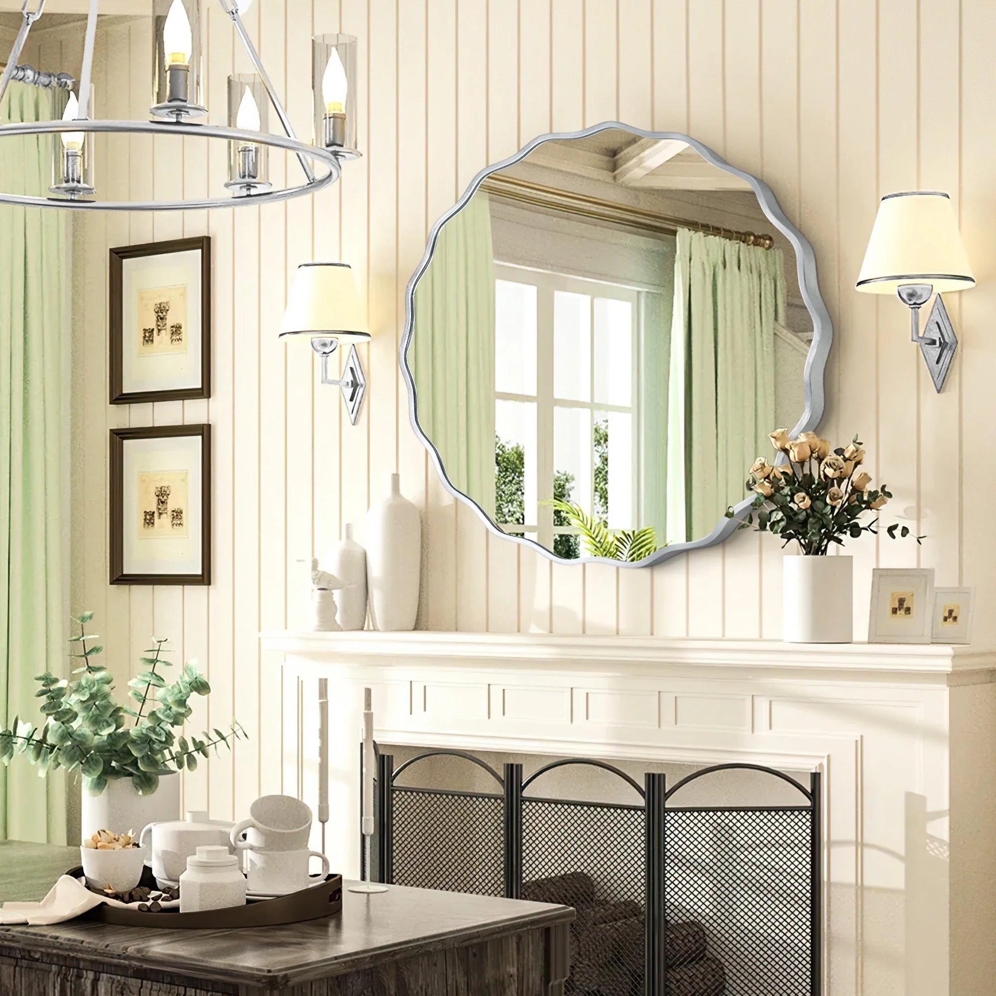 24" round Mirror, Silver Wall Mirror with Wavy Frame for Bathroom Vanity