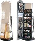 Arched Rotating Jewelry Cabinet with LED Lighted Full Length Mirror & Built-In LED Vanity Mirror, Lockable Standing Jewelry Armoire, Large Storage Organizer for Jewelry (Black)