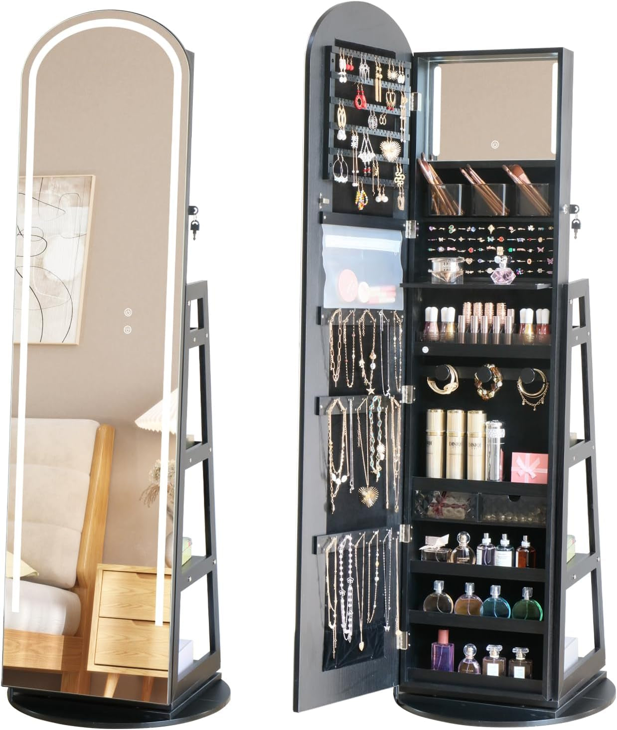 Arched Rotating Jewelry Cabinet with LED Lighted Full Length Mirror & Built-In LED Vanity Mirror, Lockable Standing Jewelry Armoire, Large Storage Organizer for Jewelry (Black)
