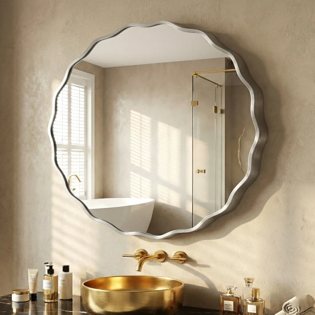 24" round Mirror, Silver Wall Mirror with Wavy Frame for Bathroom Vanity